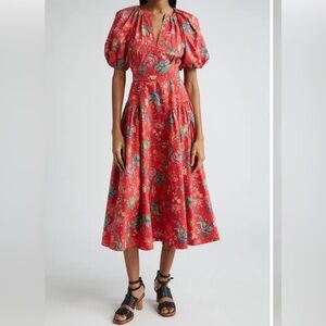 Ulla Johnson Carina Print Puff Sleeved Midi Dress in Hibiscus. Size 14.